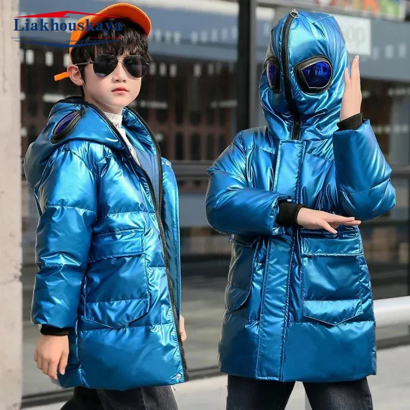 

-30 Degrees 110-160cm Boys Winter Coat Clothes Overcoat Snowsuit Thick Hooded Parka Warm Cotton Long Jacket For Kids Clothing