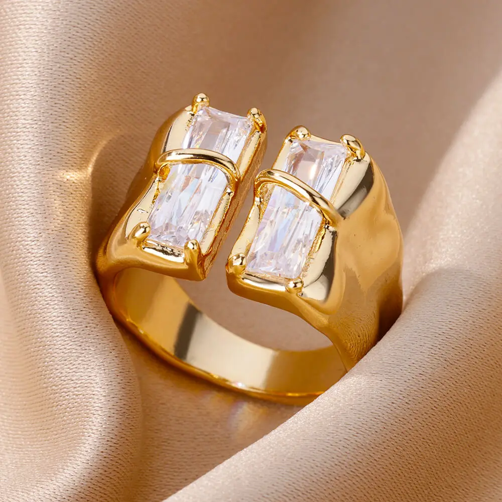 

Geometric Zircon Open Ring for Women Stainless Steel Gold Plated Luxury Rhinestone Crystal Ring 2023 New Wedding Jewelry anillos