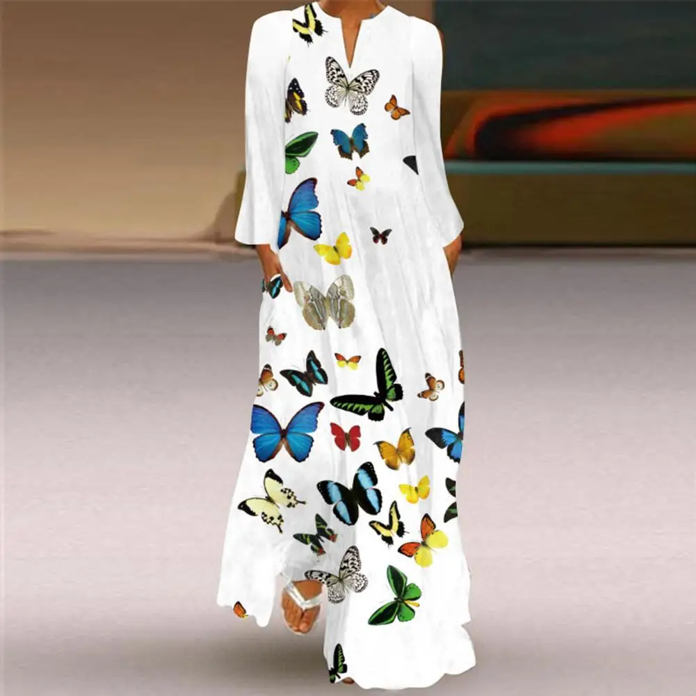 

Женское винтажное платье-макси с принтом бабочек, длинным рукавом и V-образным вырезом