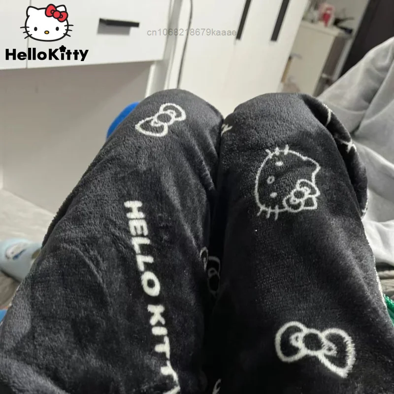 Sanrio Hello Kitty New Style Flannel Pajamas Pants Black Women Soft Plush Trousers Y2k Clothes Kawaii Female Casual Home Pants