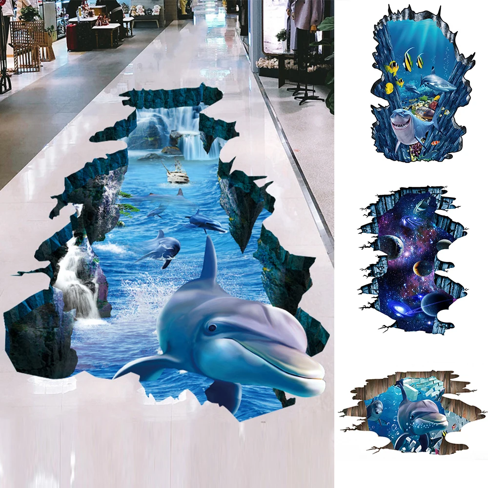 

New 3D wall stickers dolphin broken wall Aquarium Ocean Wall Stickers Universe Galaxy For Kids Rooms Bathroom Home Decor Cartoon