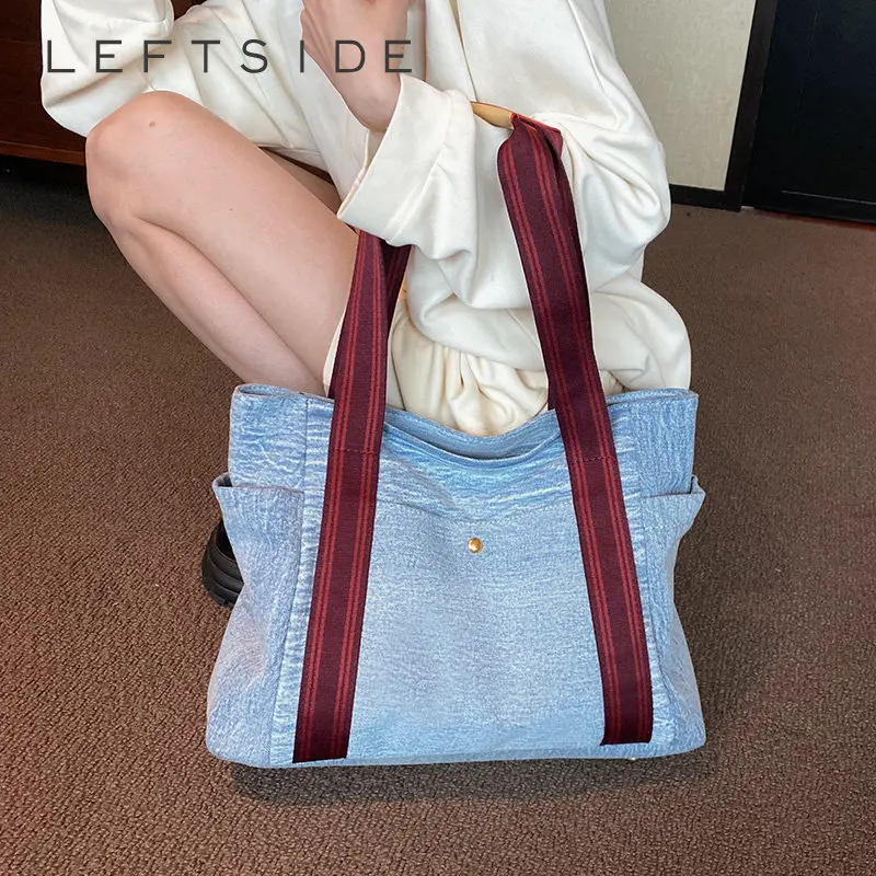 

LEFTSIDE, большая джинсовая сумка на плечо для женщин 2023, корейская мода, Дизайнерская Дорожная сумка-тоут, женские ретро сумки для покупок, сумки для покупок