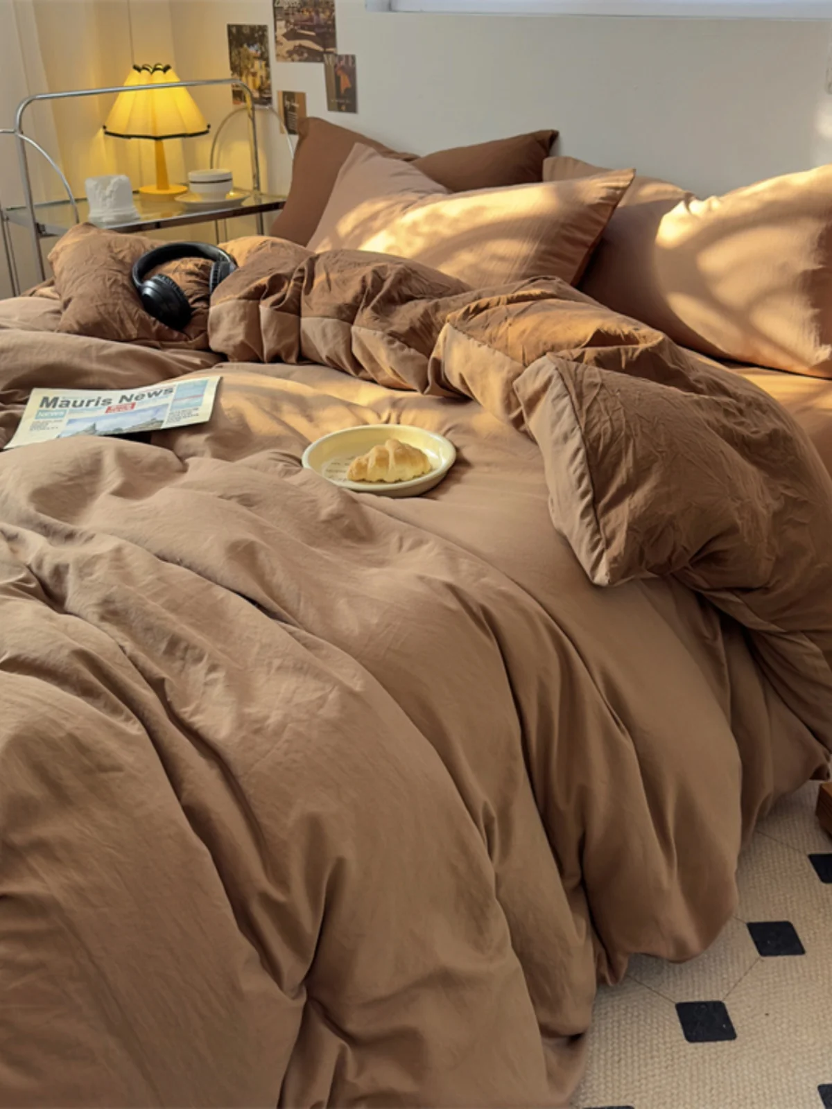 Soft Glutinous Skin-friendly Washed Cotton Quilt Cover Bed Sheet Three-Piece Set Simple Japan fashion Solid 200 X230 Double Q...