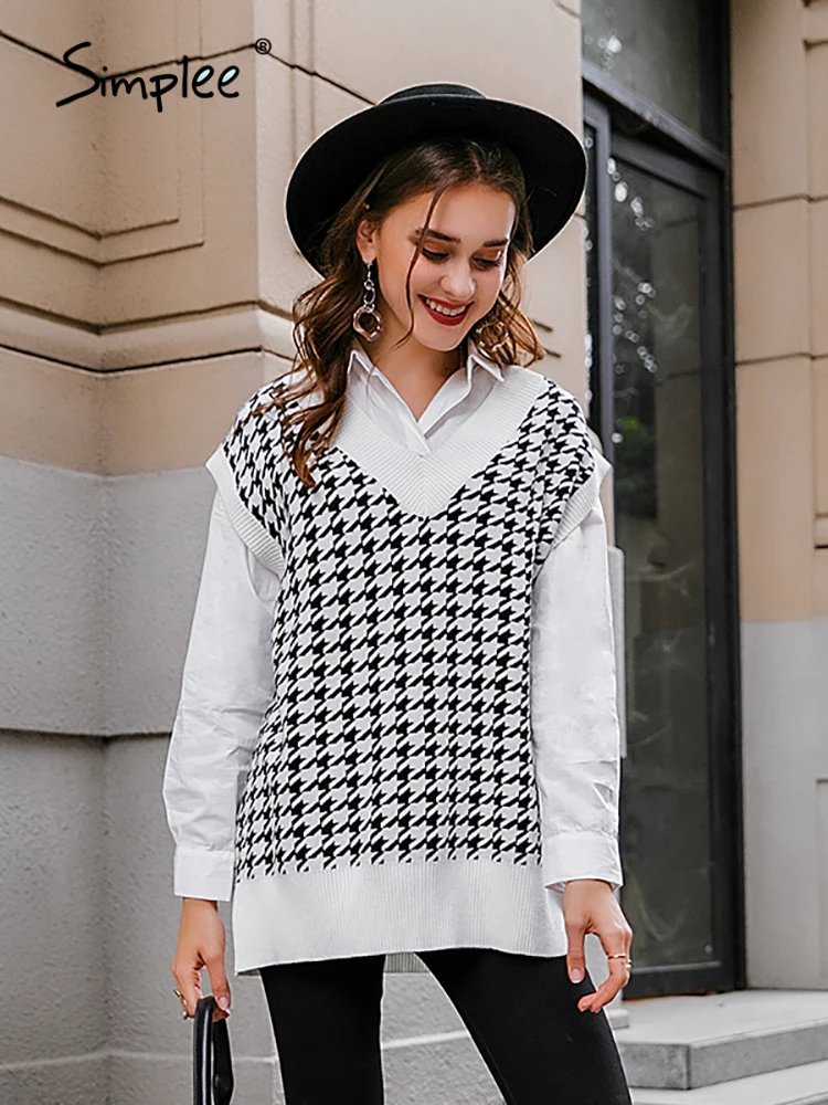 Simplee Houndstooth knitted sweater vest women V neck sleeveless oversized pullover vintage Fall winter female waistcoat | Женская