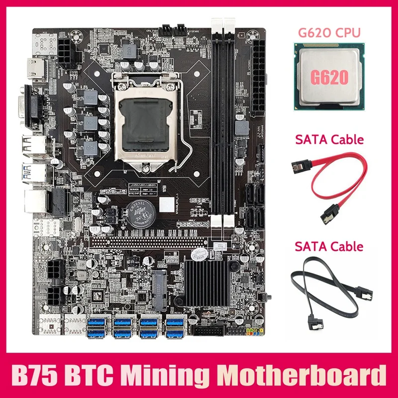 

B75 ETH Mining Motherboard 8XPCIE USB Adapter+G620 CPU+2XSATA Cable LGA1155 MSATA B75 USB Miner Motherboard