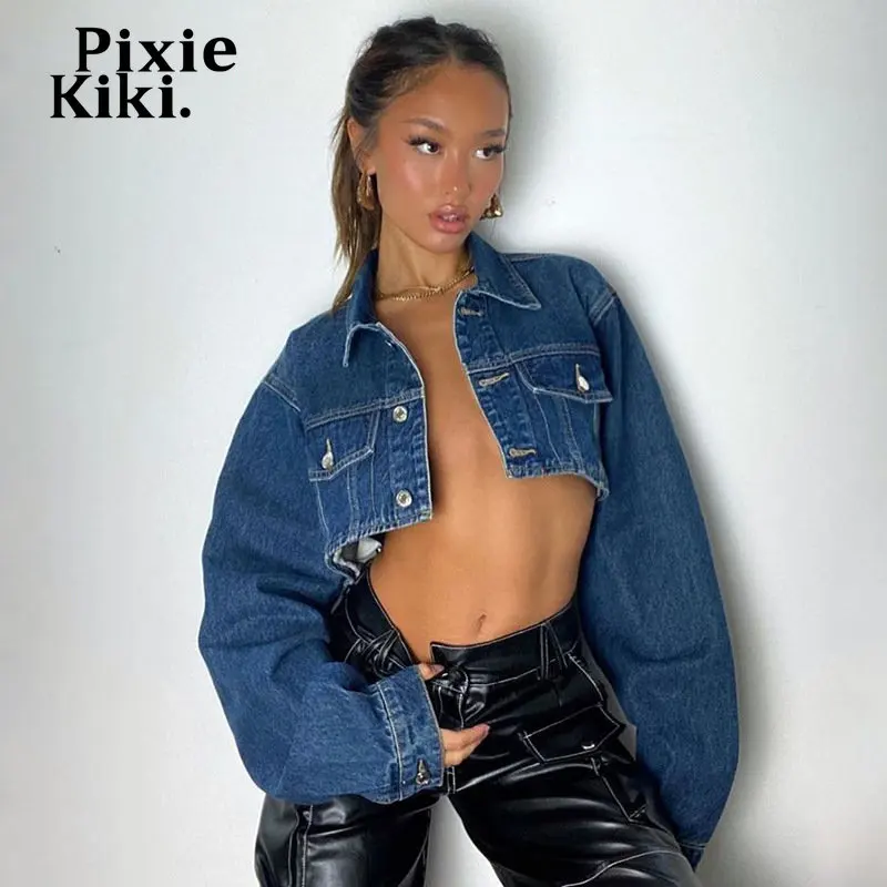

Укороченная джинсовая куртка PixieKiki для женщин Y2k, уличная одежда, винтажное Синее джинсовое пальто, новая верхняя одежда
