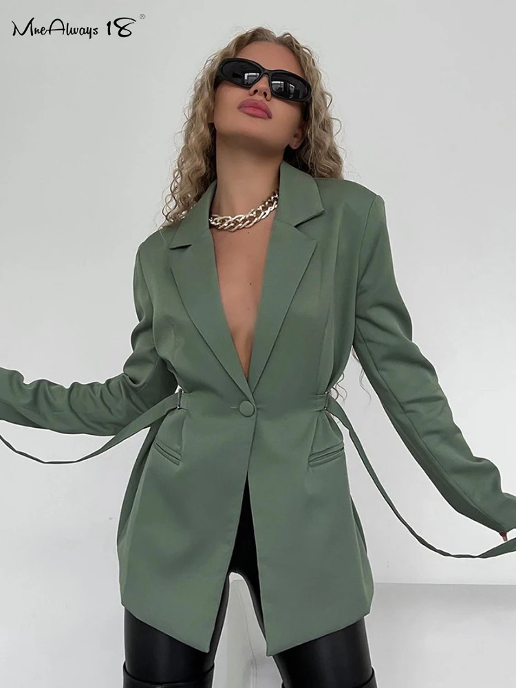 

Mnealways18 Green Fashion Women Blazers Suits Notched Long Sleeve Lace-Up Office Outwear Classy Black Business Casual Ladies Top