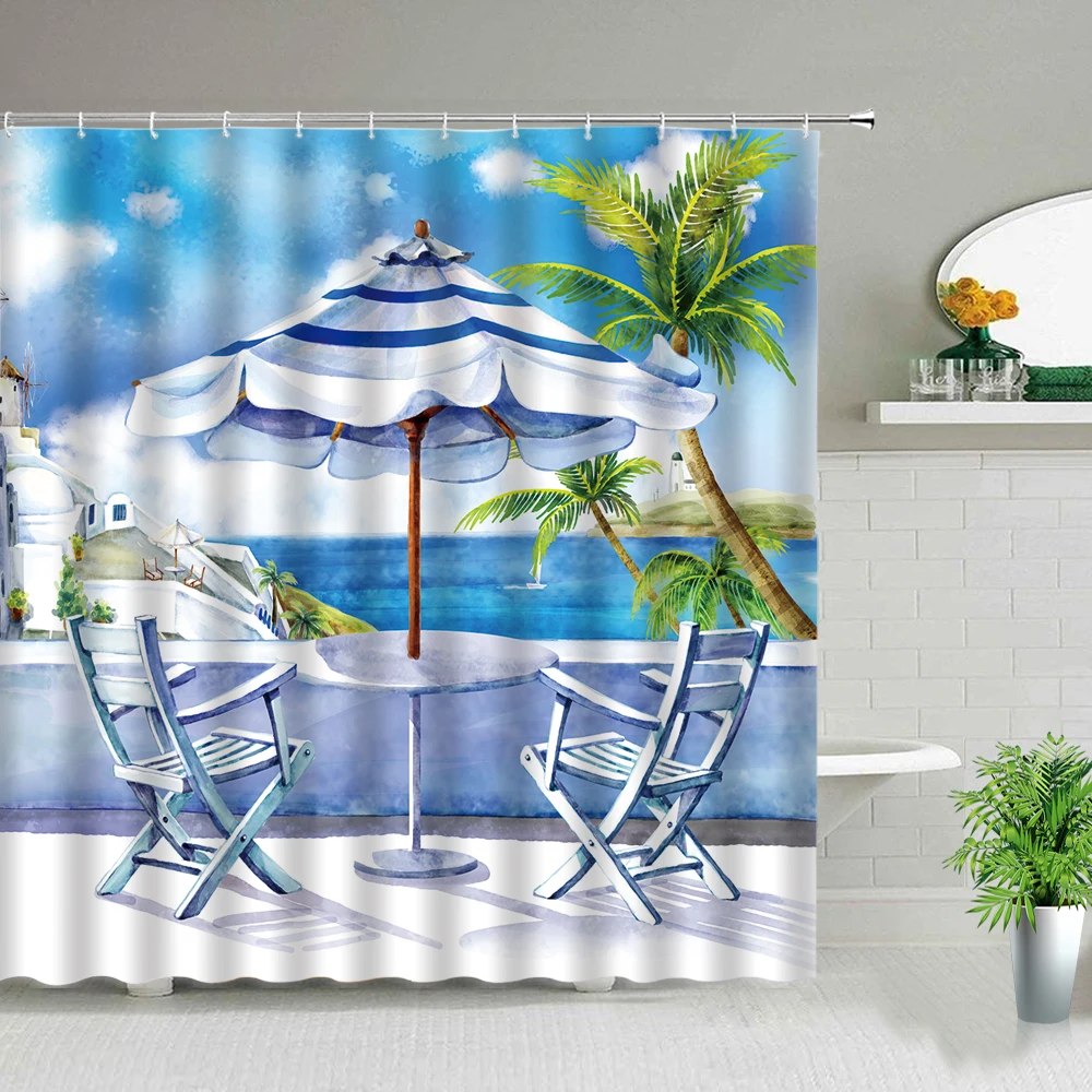 

Ocean Beach Scenic Shower Curtain Sun Umbrella Seat Wooden Bridge Coconut Tree Scenic Waterproof Fabric with Hooks Bath Curtains