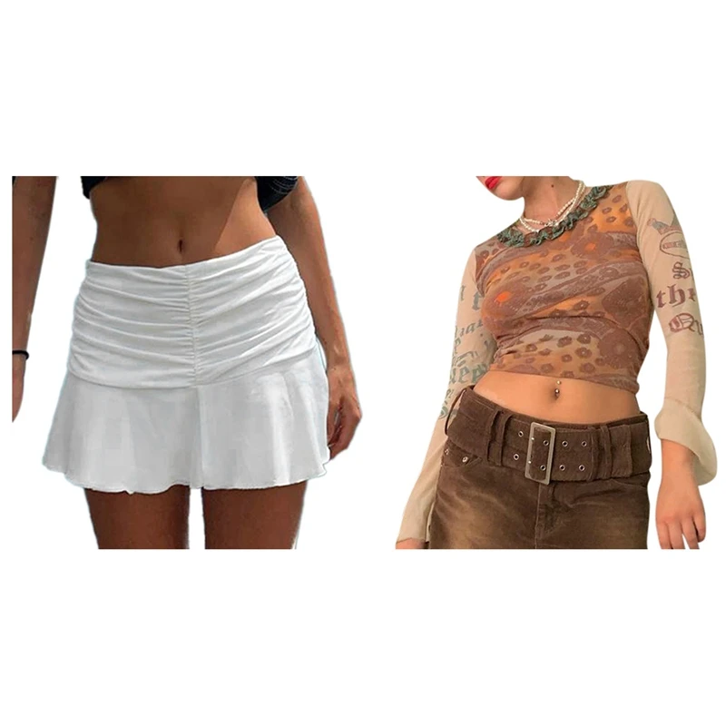 

1 Pcs Aesthetics Retro Mesh T-Shirts O-Neck Flare Sleeve Tees L & 1 Pcs Ruched Pleated Skirts Woman High Waist White M