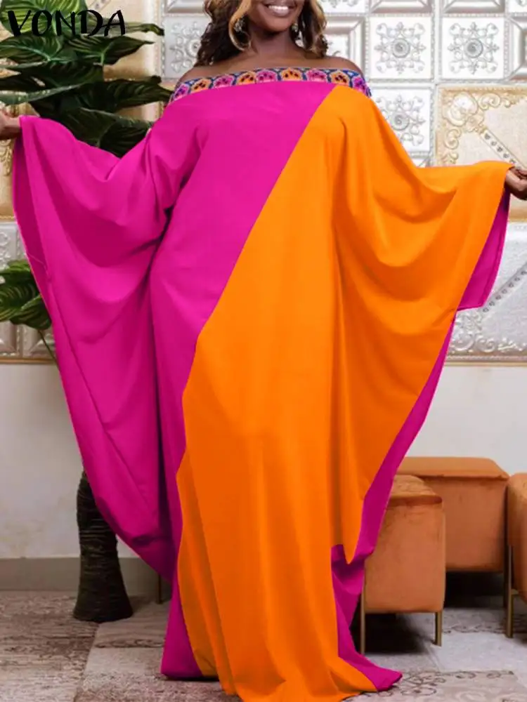 

VONDA 2022 Stylish Color Patchwork Party Dress Casual Vestido Femme Robe Off Shoulder Maxi Dress Women Sexy Long Sleeve Sundress