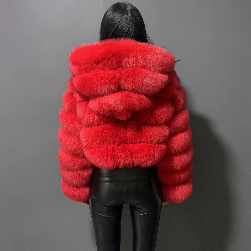 Fashion Short Style Women's Real Fox Fur Coat With Hood Winter Cropped Natural Fur Jacket Long Sleeve Warm Leisure Streetwear enlarge