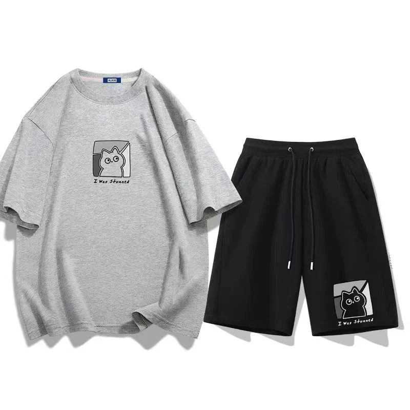 2023 Summer T Shirt and Shorts Sets Cat Print Men 2 Pieces Set Women Anime Tracksuit Cotton T-Shirts Oversized High Quality Tee