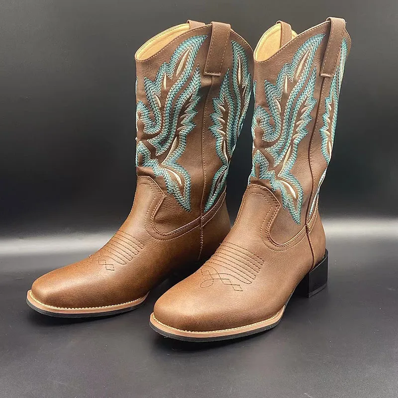 

Autumn New Retro Cowboy Boots Women National Style Thick-heeled Round-headed Brown Long Boots