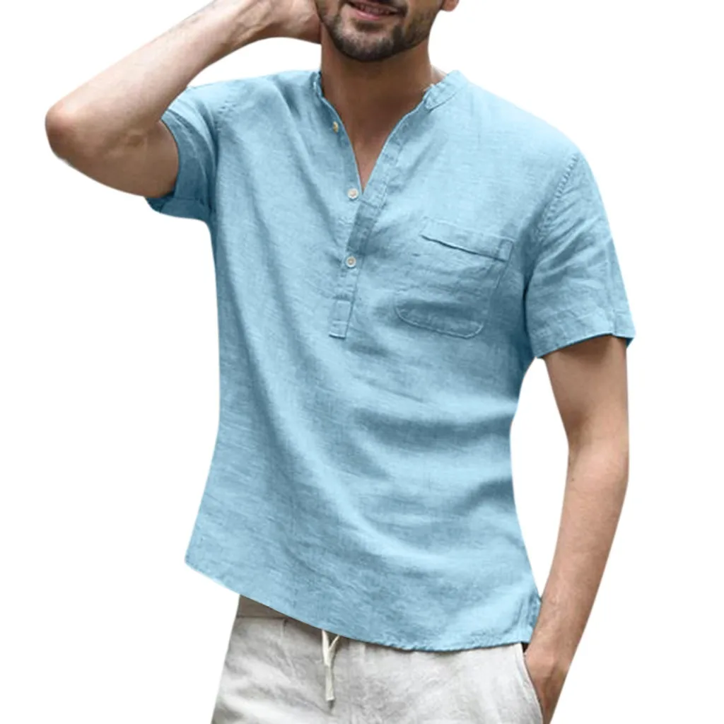 

Summer Casual Cotton Linen Shirts Men Short Sleeve V Neck Baggy Blouse Loose Solid Color Casual Social Shirts Chemise Plus Size