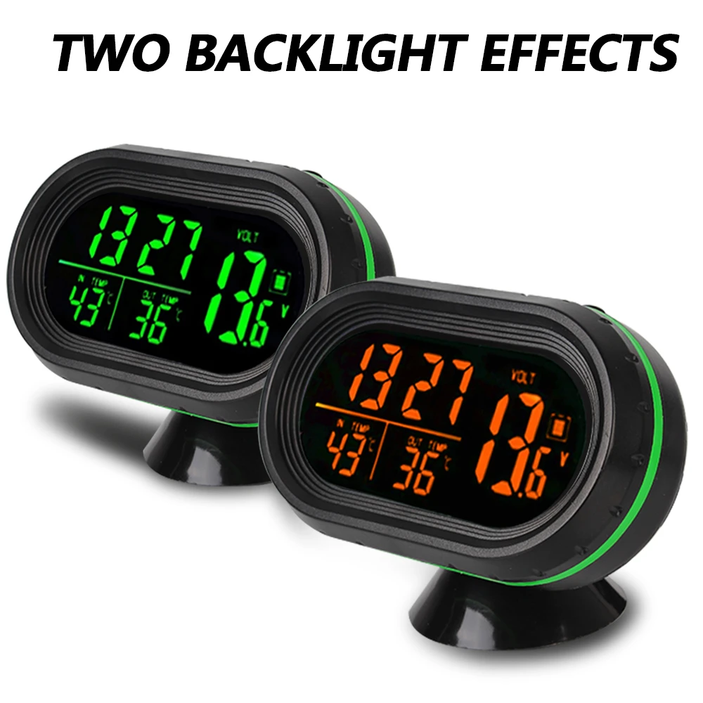

3 IN 1 Thermometer Clock Voltmeter Car LCD Digital Display Clock Freeze Alert Self-Adhesive Car-Styling Green + Orange Backlight