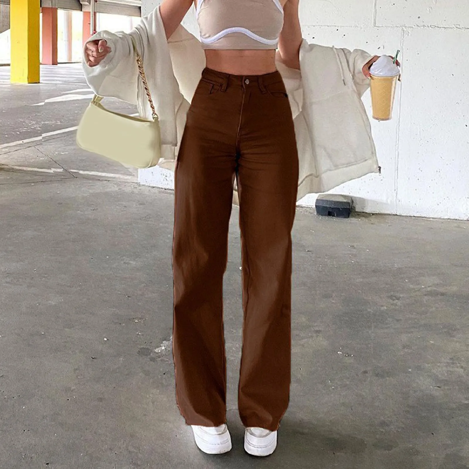 

Женские однотонные джинсы, свободные облегающие прямые брюки с завязкой на талии, женские повседневные джинсы, женские повседневные брюки ...