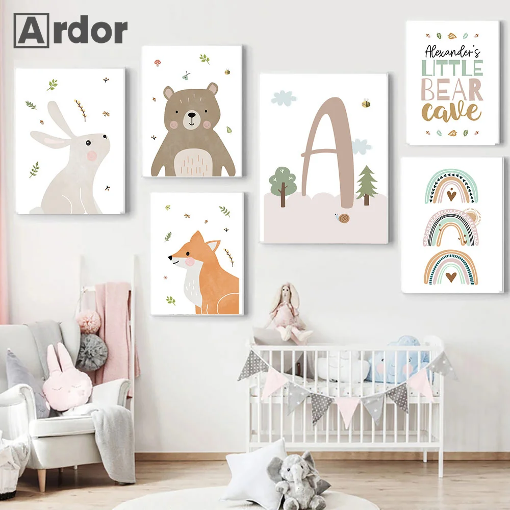 

Rainbow Animals Poster Custom Name Canvas Painting Color Bear Wall Art Nordic Print Nursery Pictures Kids Girls Bedroom Decor