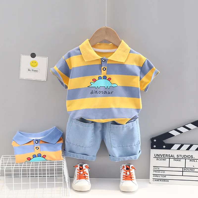 

New Summer Baby Boys Girls Clothes Sets Fashion Children Casual Clothes Striped Cartoon Polo Tops+Denim Shorts Toddler 2pcs Suit