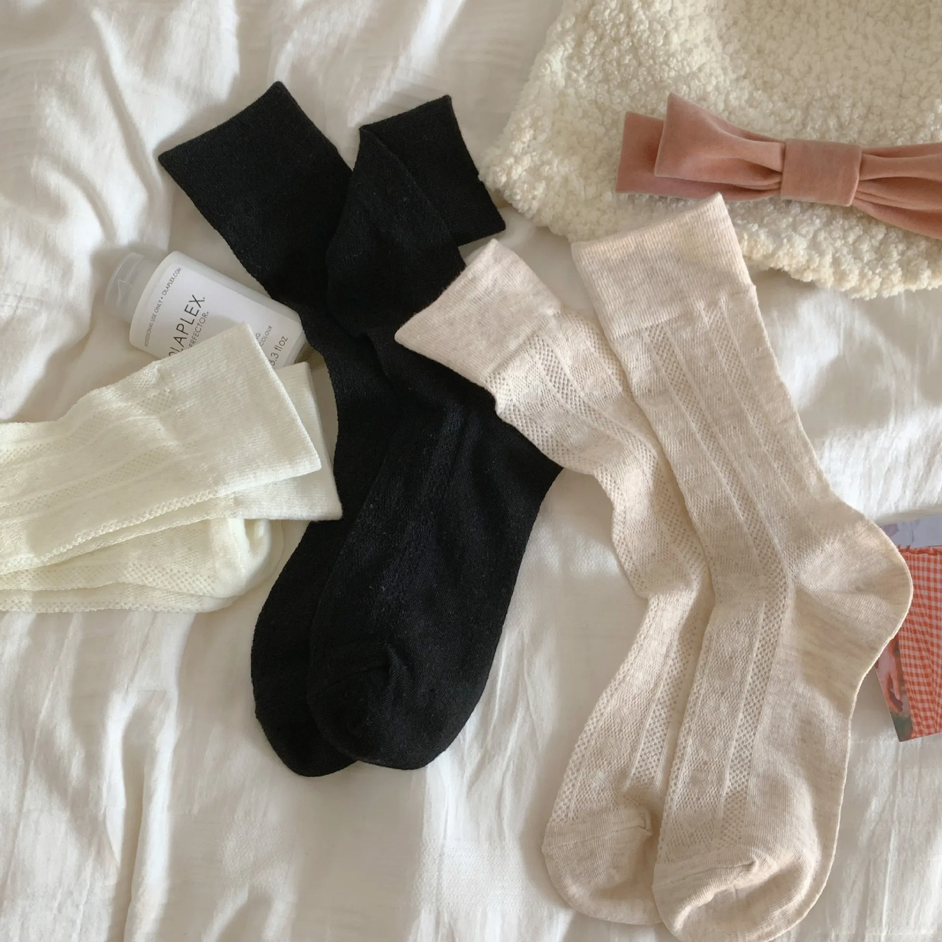 2 Pairs Solid Color Socks Women's Midtube Summer Thin Ice Silk Mesh Breathable Candy