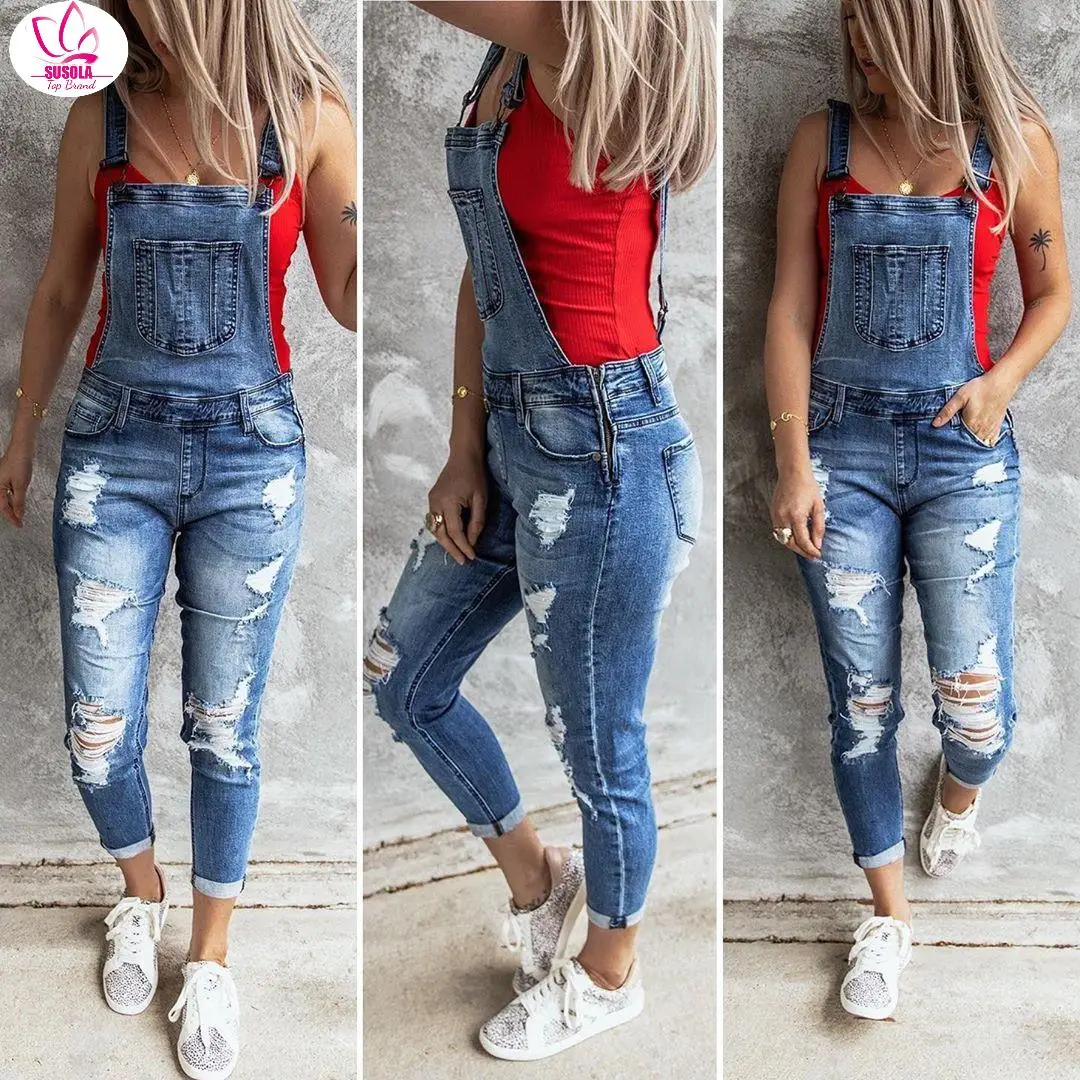

SUSOLA Women Sexy Ripped Hole Denim Jumpsuit Ladies Autumn Trend Loose Jeans Rompers Vintage Casual Pocket Overall Playsuit