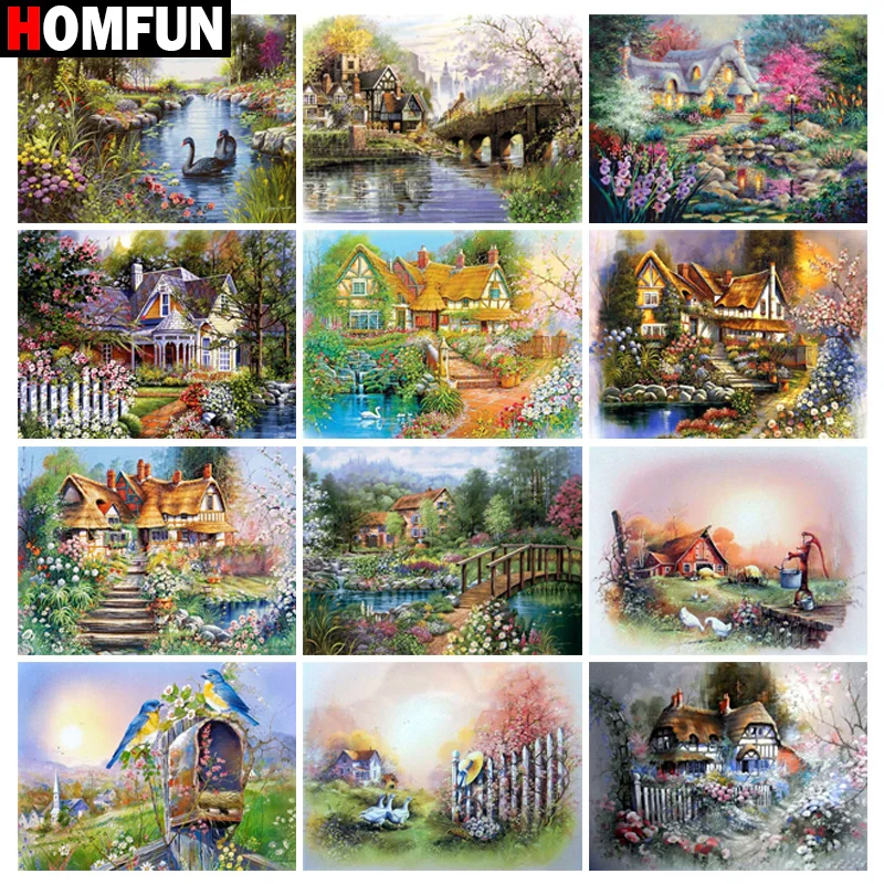 

HOMFUN 5D Diamond Embroidery Needlework Kit "Scenery House Flower" Diy Diamond Painting Cross Stitch Home Decoration Gift