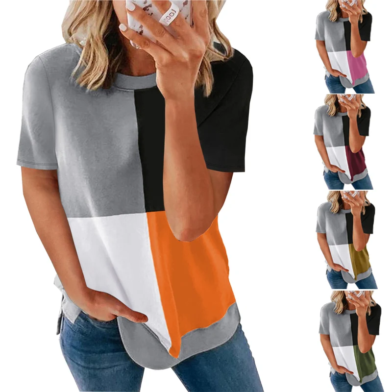 

Spring Summer New Fashion Women's Casual Crew Neck Short Sleeve Printed Colorblock Top T-Shirt Women 2022