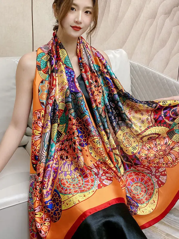 

180*90CM Brocade Satin Scarf Female Spring And Autumn New Silk Printed Scarf Thin Dual-purpose Air Conditioning Shawl