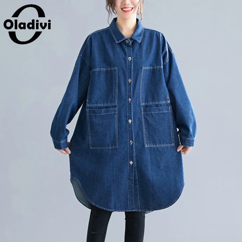 

Oladivi Oversized Women Denim Trench Coat Big Overcoat Fashion Ladies Spring Autumn Outerwear Jeans Coats 9256 4XL 5XL 6XL