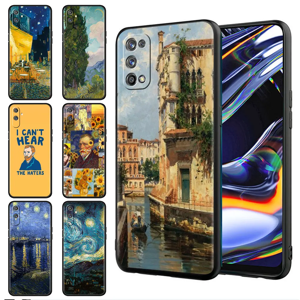 

Black Phone Case for Realme C21 8 C3 XT 7 6 5 Pro C11 C21Y GT Master C15 8i C12 fundas Soft Cover Capa Van Gogh Sunflower Art