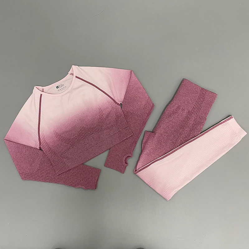 

Комплект для йоги, бесшовные леггинсы с эффектом омбре, спортивный костюм, короткий топ с длинным рукавом, женские леггинсы для бега, тренажерного зала, спортивный костюм с высокой талией для фитнеса