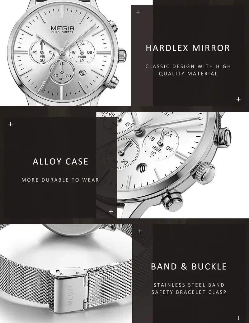 Женские часы MEGIR классические водонепроницаемые из нержавеющей стали с