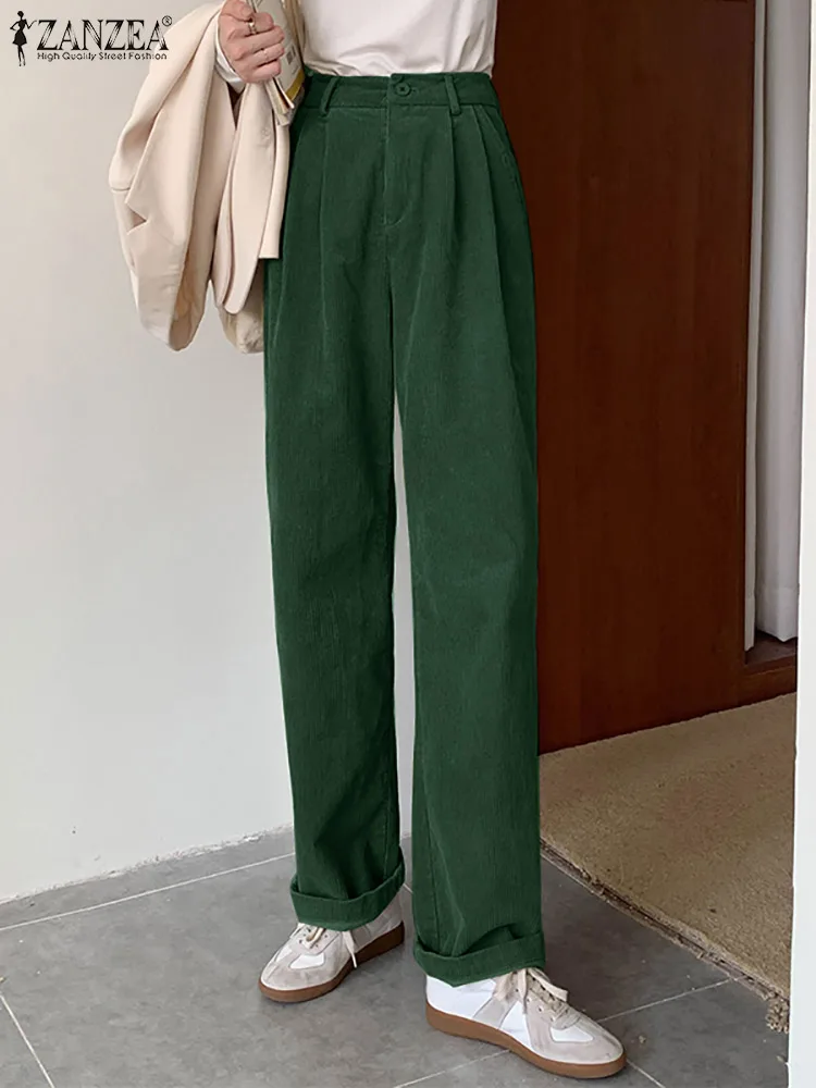 

Maxi Pantalon Palazzo Women Casual Solid Corduroy Trouser ZANZEA Elegant Office Pant 2022 Spring Straight Zip Overalls OL Capris