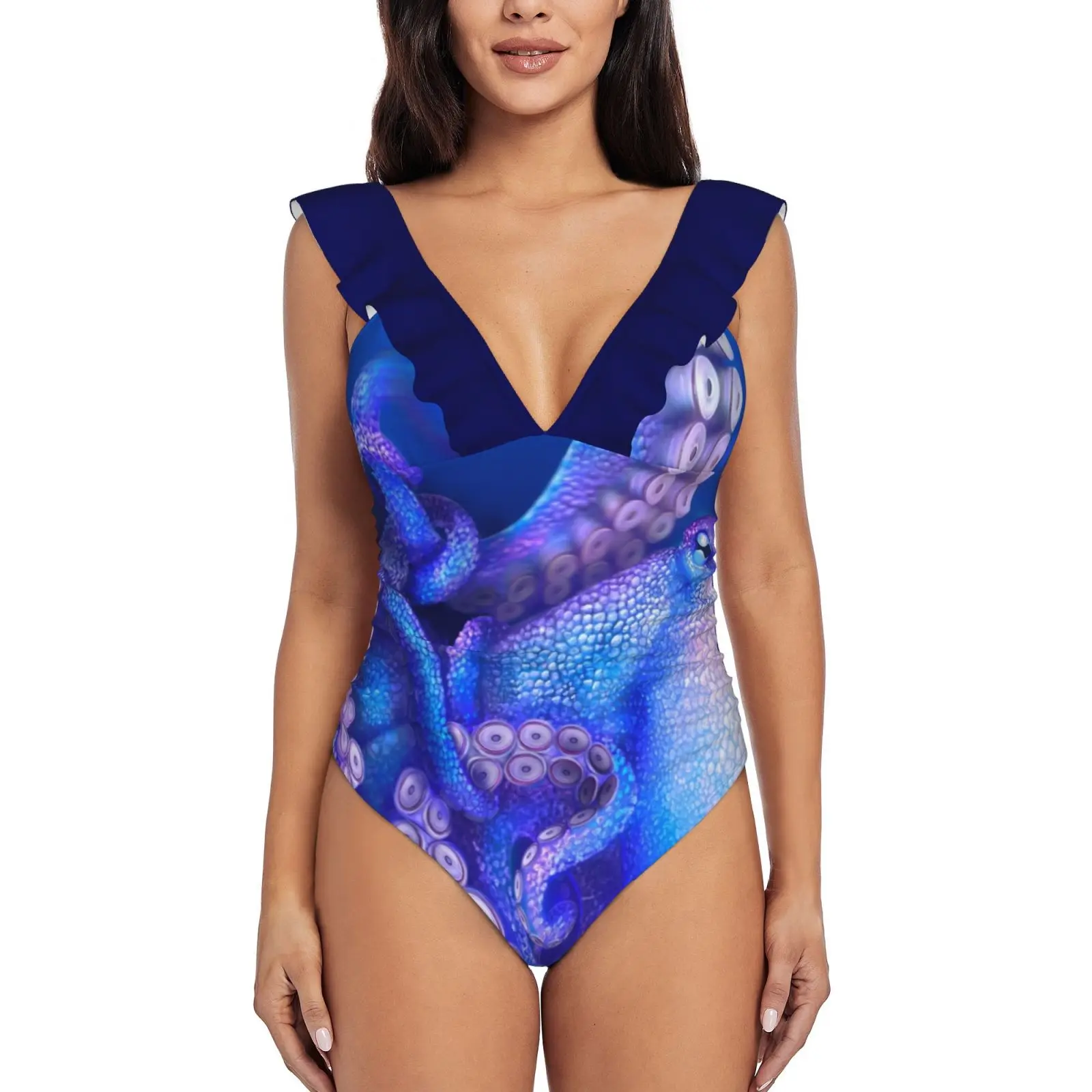 

Женский слитный купальник с оборками, Цельный купальник в виде осьминога, купальный костюм, пляжная одежда, осьминог, щупальца, цефалопа, гл...