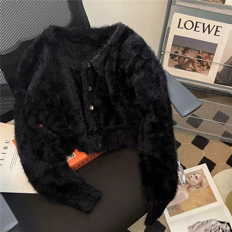 

Норковый кашемировый Укороченный кардиган, женские осенне-зимние свитера с длинным рукавом, мягкие короткие облегающие сексуальные вязаны...