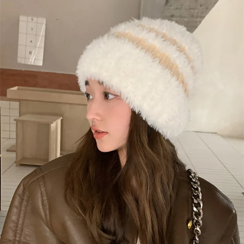 

New Warm Versatile Knitted Tide Hats Winter Versatile Plush Fisherman's Hat Show Small Face Plush Bucket Cap Soft Fashion Beanie