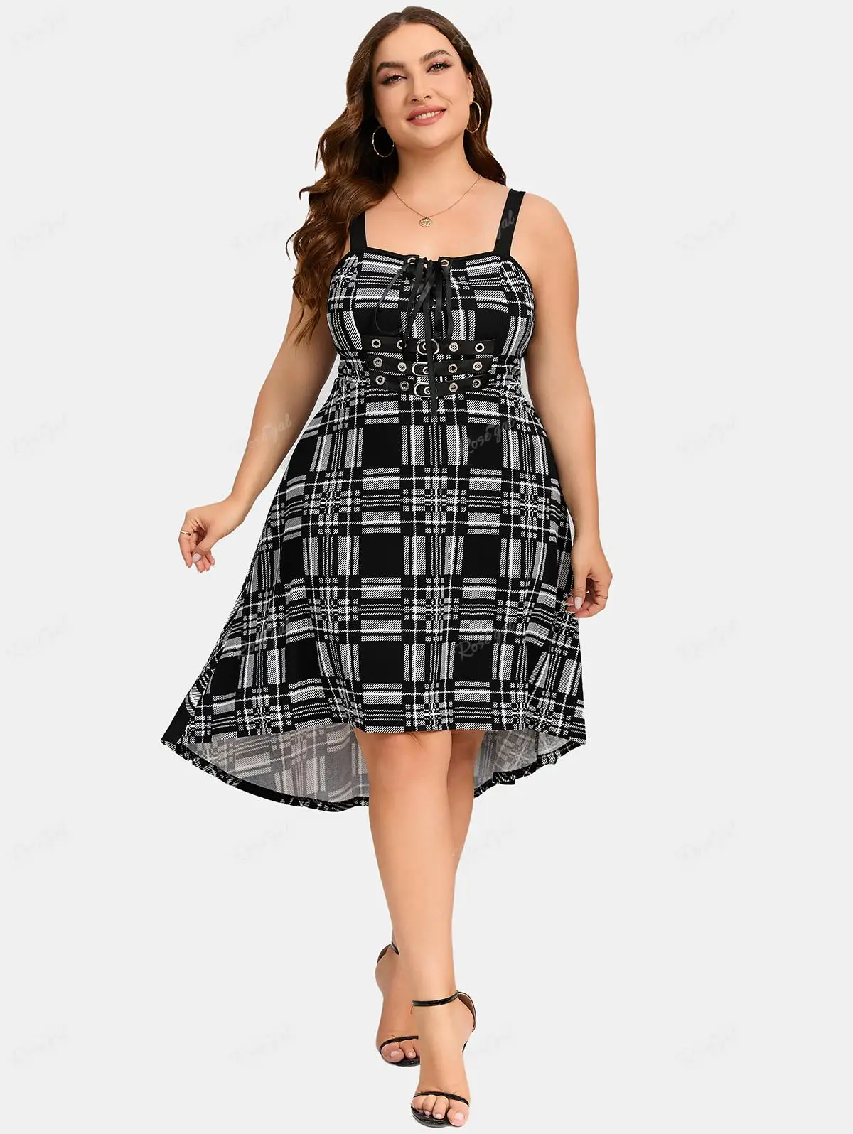 

ROSEGAL Plus Size Vintage Dresses Lace-up Grommet Plaid High Low Midi Vestidos Women Summer Empire Waist Backless Dress 5XL