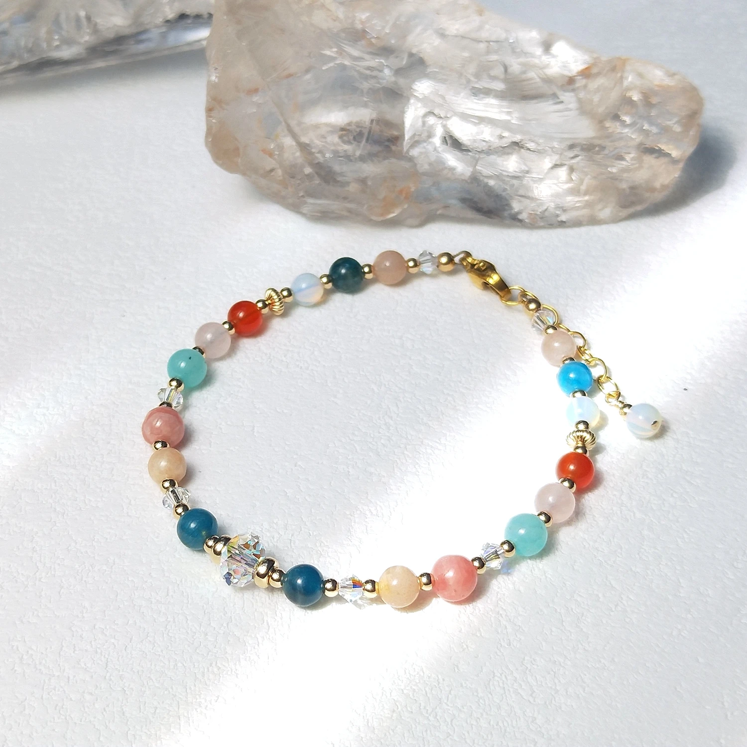 

Lii Ji Natural Stone Apatite Rhodochrosite Opalite Rose Quartz Amazonite Sunstone 4mm American 14K Gold Filled Bracelet