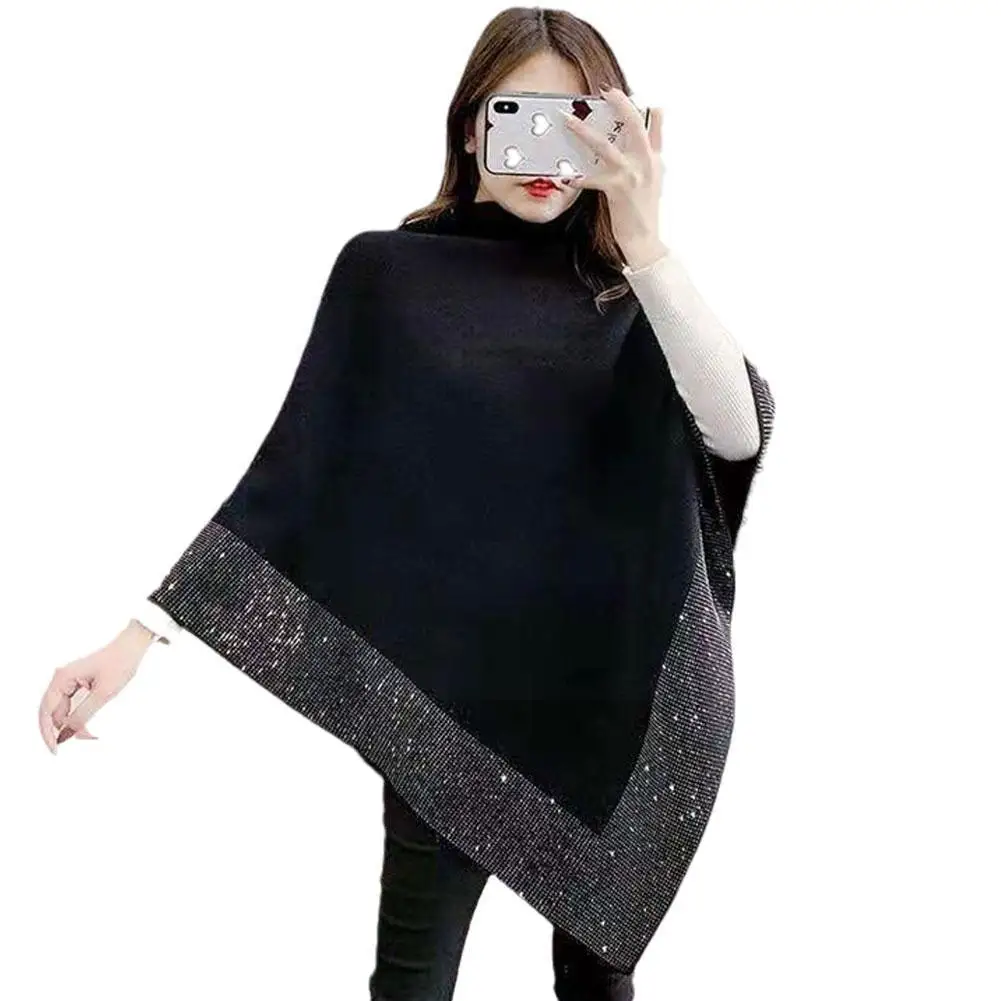 

2021 Fashion Rhinestone Knitted Shawl Batwing Cape Poncho Pullover Smock Overcoat Coat Knit High Cloak Warm Sweater Loose N L7Z9
