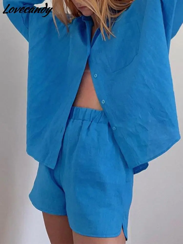 

Women Blue Cotton Shirt Shorts Two Piece Sets Long Sleeve Shirt Tops And Mini Shorts Suit New 2022 Summer Casual Female Outfits