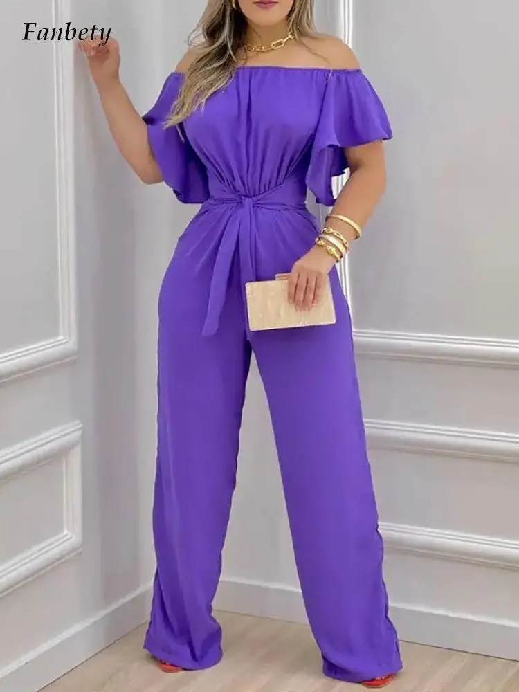 

Sexy Off Shoulder Bow Lace-up Office Jumpsuit Women Elegant Solid Rompers Casual Short Sleeve Wide Leg Party Playsuits Overalls