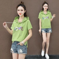 2022 women fashion letter print hoodies female casual short sleeve jumper hooded pullover tops ladies new summer t shirt a100