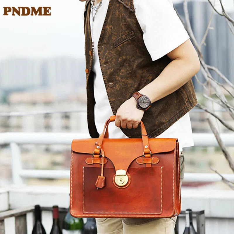 PNDME high quality luxury genuine leather men briefcase business casual designer organizer real cowhide anti-theft messenger bag