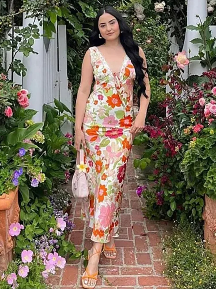

Fashion Print V-Neck Sleeveless Long Women's Dress Vintage Lace Slim Fit Lady's Dresses 2023 Chic Female Party Street Vestidos