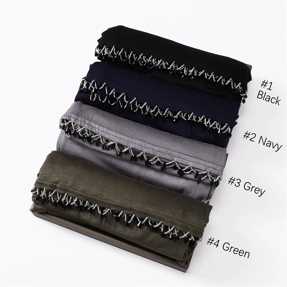 

Jersey Hijab with Handed Sewing Beads Drop Tassel Jersey Elastic Breathable Scarf Jersey With Edge Beading Musilim Women