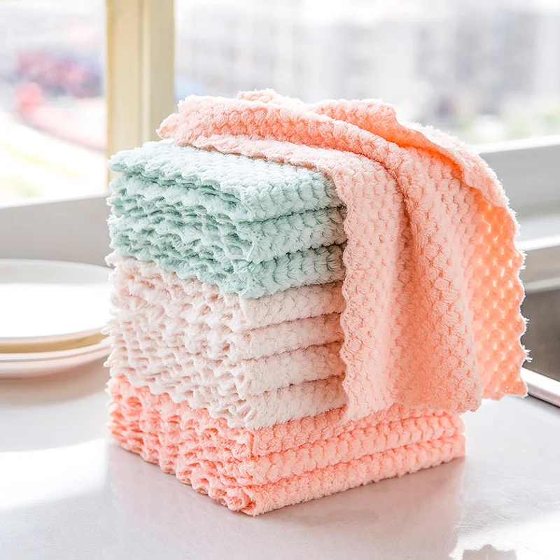 Coral Fleece Microfiber Absorbent Dishcloth Kitchen Dish Towel Wipping Rags Non-stick Oil Household Cleaning Cloths Scouring Pad