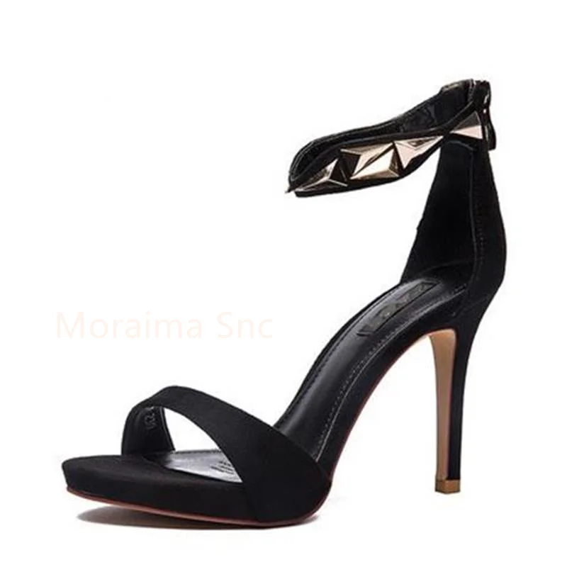 Open Toe Sandals Women 2023 New Summer Metal Decor High Heels One Word Buckle Stiletto Women's Shoes Sexy Nightclub Party Shoes