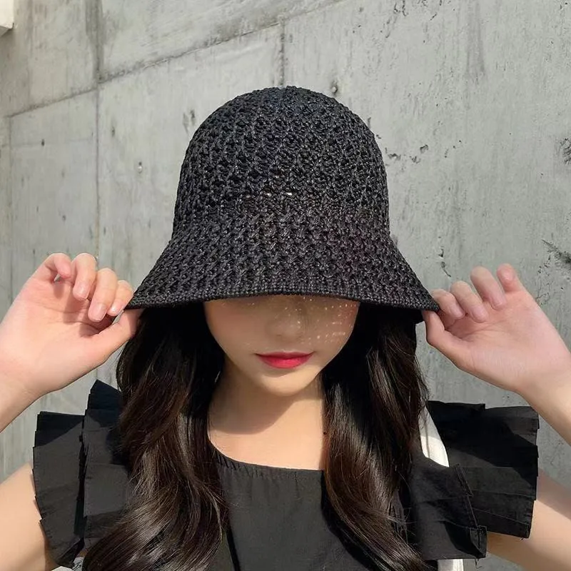

Handmade Crochet Floppy Top Summer Hats Collapsible Dome Bucket Hat Hollow Out Solid Color Beach Caps Simplicity Soft Women Hat