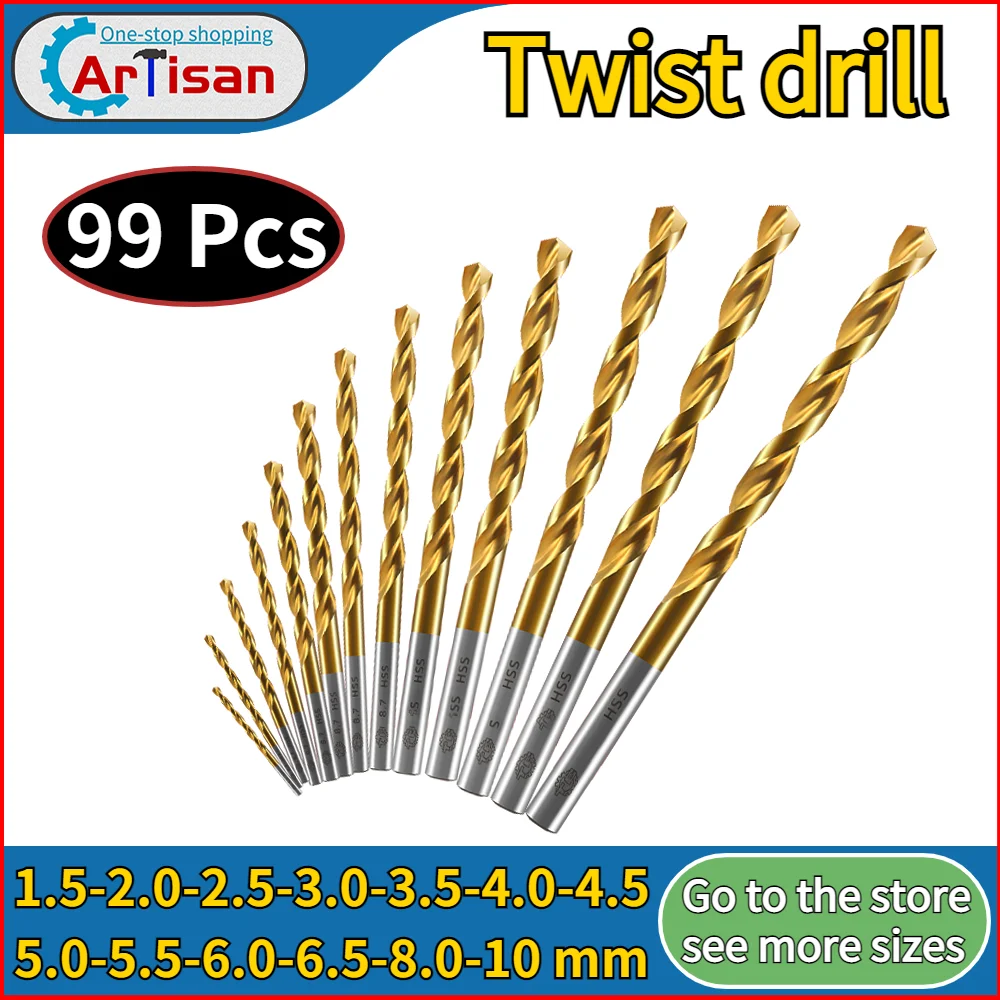 

99 Pcs 1.5-10mm Twist Drill Set HSS High Speed Steel Titanium Coated Electric/Bench Drill Universal Wood Drill Bit Hole Puncher