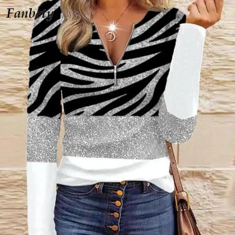 

Блузка женская с принтом, модный Повседневный пуловер с длинным рукавом, пикантный Свободный Топ с V-образным вырезом, уличная одежда, осень