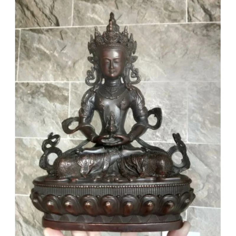 

30cm Buddha Statue Old-Fashioned Hand Carved Buddhist Bronze Amitayus Amitabha Sakyamuni